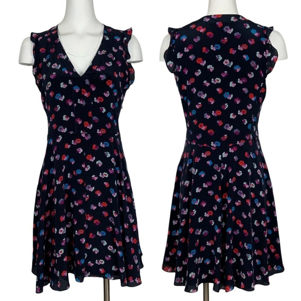 Rebecca Taylor Silk Sakura Dress 6 Blue Floral Sleeveless Ruffle V-Neck Mini